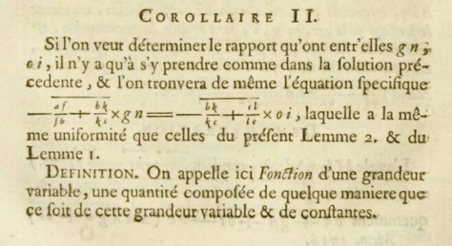 어떤 양(y)이 특정한 방식(a)에 따라 변하는 양(x)과 변하지 않는 양(b)에 의해 구성되는 것( y = ax + b)을 변화하는 크기의 함수라고 부른다. Memoires de l Academie des Sciences 제공