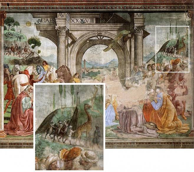 이탈리아 피렌체 토르나부오니 예배당에 있는 15세기 프레스코화. 오른 편에 메디치 가문이 외교적 목적으로 구했다는 기린이 묘사돼 있다. Web Gallery of Art(W).