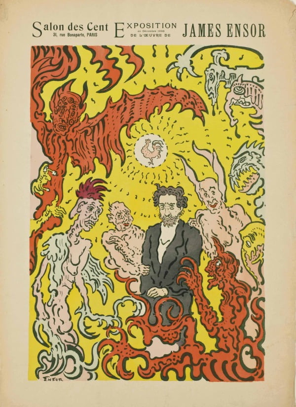 1898년 열린 앙소르의 개인전 포스터. 한국 네티즌들 사이에서는 웹툰 작가 이말년(침착맨)의 그림체와 닮아 화제가 되기도 했다.