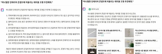 '스킬' 기능으로 네이버쇼핑과 연동되기 전 답변(왼쪽)과 후의 답변. /사진=클로바X 캡처