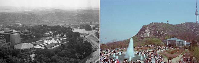 1969년(왼쪽)과 1983년의 남산식물원, 남산공원 일대 전경. [서울역사아카이브]