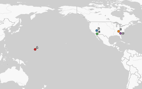 조사지점 5곳의 위치. A. 마셜제도 공화국의 에네웨탁 환초l, B. 미국 유타 남서부, C. 배리 M. 골드워크 공군기지, D. 사바나 강 지점, E 오크릿지 보호구역. [자료: PNAS Nexus, 2023]