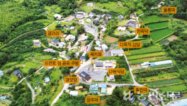 경남 하동군 악양면 매계마을 전경. 프런트·객실·북카페 등이 마을 곳곳에 흩어져 있다.