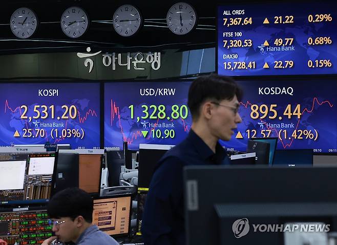 서울 중구 을지로 하나은행 본점 딜링룸 [연합뉴스 자료사진]