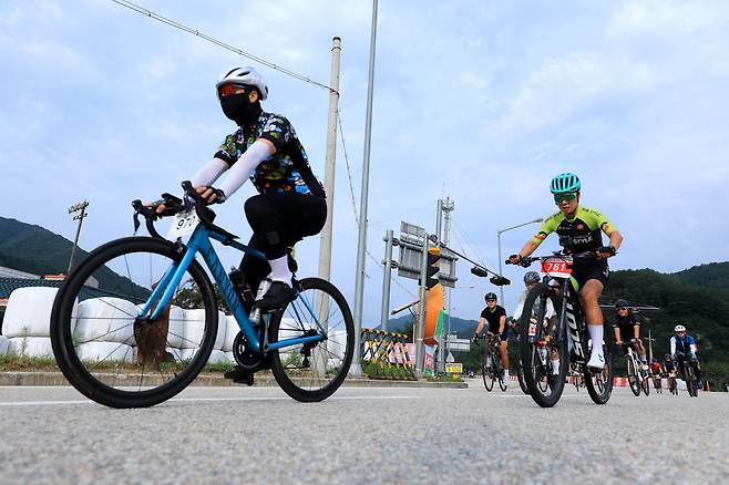 지난 27일 오전 강원도자전거연맹이 주관하고 인제군이 후원하는 제7회 인제 한계령 그란폰도 대회가 열려 자전거 동호인들이 힘차게 달리고 있다. /연합뉴스
