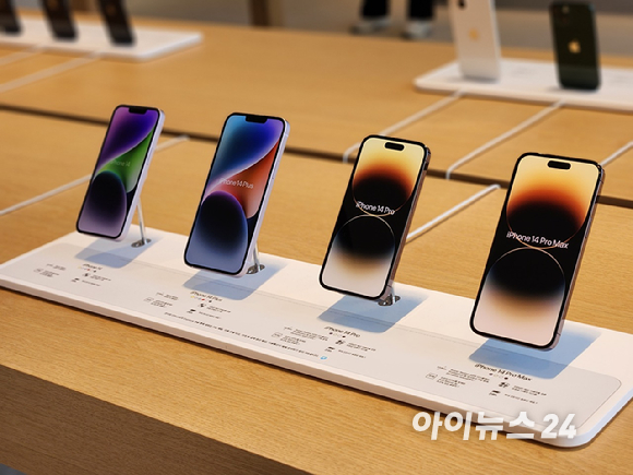 '애플 강남'에 아이폰14 시리즈가 전시된 모습. [사진=아이뉴스24 DB]