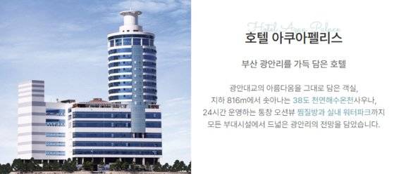 부산 아쿠아펠리스 호텔. 외래어표기법에 따르지 않고 '아쿠아펠리스'를 상호로 쓰고 있다.