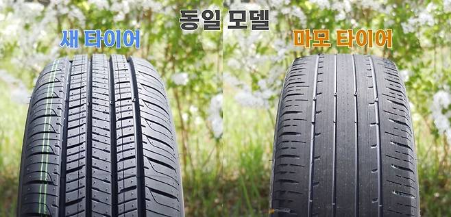 마모 vs 새 타이어 상태 비교. 자료 한국교통안전공단