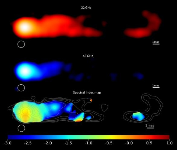 연구 결과 모식도 22GHz대와 43GHz대로 관측한 M87 제트 영상을 조합해 나타낸 복사냉각 분포도. [한국천문연구원 제공. 재판매 및 DB 금지]