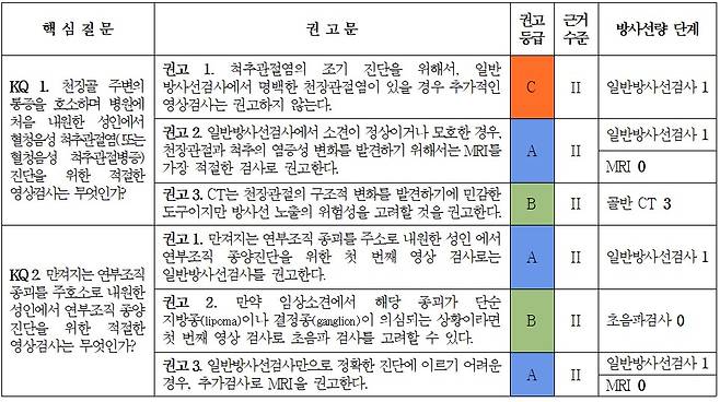 '근골격 분과 정당성 가이드라인' 일부 내용. (질병관리청 제공)