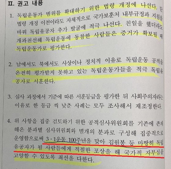 2018년 11월 보훈혁신위원회가 작성한 의결권고안 모음집. 혁신위은 북한군 창설에 관여한 김원봉에 대해 '마땅히 독립유공자가 될 사람'으로 규정하고, 서훈 수여의 시점을 이듬해인 2019년 3.1절로 제시했다. 중앙일보