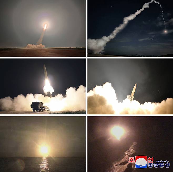 These six photos, which were released by North Korea's state-run Korea Central News Agency on Thursday, show a "tactical nuclear strike drill, simulating scorched-earth strikes on major command centers and operational airfields" of the South Korean military on Wednesday night. (Yonhap)