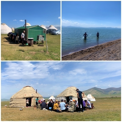 (좌로부터 시계방향)유르트 캠프 주방 모습, 호수에 몸을 담근 사람들, 호수에서 만난 현지인 대가족의 모습