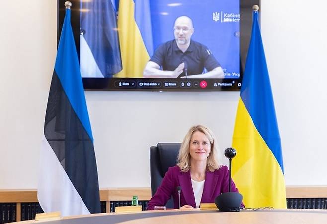 카야 칼라스 에스토니아 총리(아래)가 1일(현지시간) 데니스 슈미할 우크라이나 총리(화면 속)와 화상 회담을&nbsp;하고 있다. 칼라스 총리 SNS 캡처