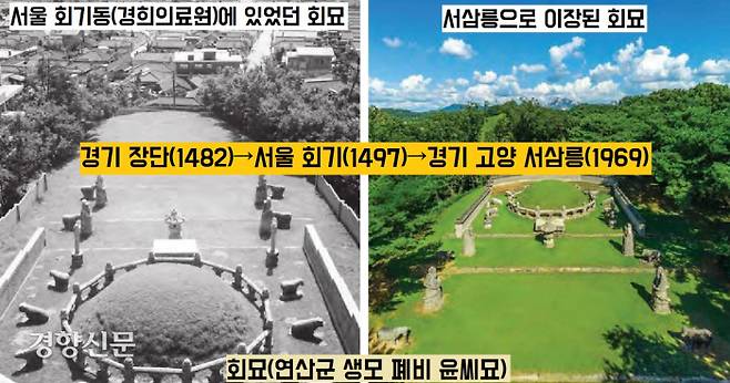 연산군의 생모인 폐비 윤씨(?~1482)의 ‘회묘(懷墓)’가 서삼릉에 자리잡고 있다. 폐비 윤씨는 사사 후 경기 장단에 묻혀있다가 연산군 연간인 1497년 회기동으로 옮겨져 1504년 갑자사화 후 회릉으로 승격되었다. 그러나 인조반정(1506) 후 다시 회묘로 격하됐다. 1969년 회기동에서 서삼릉으로 이장했다. |국립문화재연구소 제공