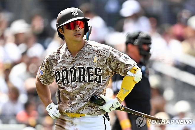 삼진 판정에 아쉬워하는 김하성 [게티이미지/AFP=연합뉴스]