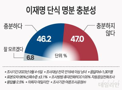 데일리안이 여론조사공정㈜에 의뢰해 지난 4~5일 '이 대표가 무기한 단식 농성에 들어간 명분이 충분하다고 생각하시냐'고 물은 결과, 응답자의 47.0%가 "충분하지 않다"고 답했다. ⓒ데일리안 박진희 그래픽디자이너