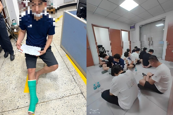 한국인 김모(29)씨가 보이스피싱 조직 탈퇴를 선언했다가 중국인 조직원들로부터 폭행을 당해 아킬레스건이 끊어지는 중상을 입은 모습(왼쪽 사진). 중국을 근거지로 삼은 보이스피싱 범죄 조직원들. 서울경찰청 제공