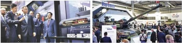 김동관(왼쪽) 한화 부회장이 5일(현지시간) 폴란드 키엘체에서 열린 국제방위산업전시회(MSPO) 한화 전시관을 찾은 안제이 두다 폴란드 대통령에게 한화오션의 3000t 급 잠수함에 대해 설명하고 있다. 오른쪽 사진은 K2 전차가 전시된 현대로템 부스가 관람객들로 북적이는 모습. 올해 31회째를 맞은 MSPO는 파리 유로사토리, 런던 DSEI 전시회 등과 함께 유럽 최대 방산전시회로 꼽힌다. MSPO는 주최국과 주도국 제도를 두고 있는데 올해는 우리나라가 주도국으로 참가했다. 키엘체 연합뉴스