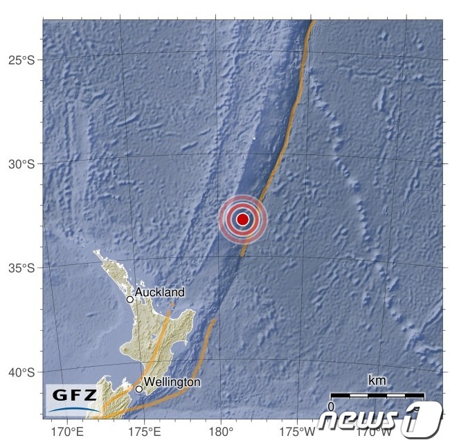 뉴질랜드 케르마데크 제도 남쪽에서 규모 6.7 지진이 발생했다. <출처=독일 지구과학연구센터>