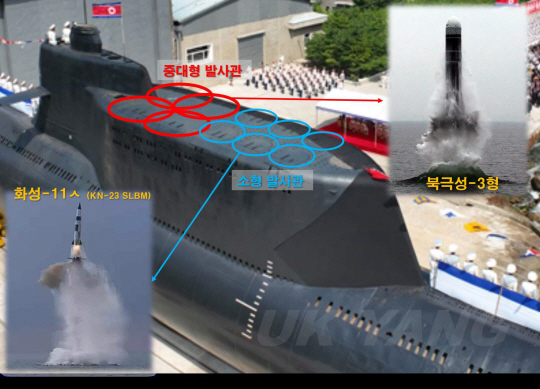 북한 잠수함 북한이 8일 공개한 신형 전술핵공격잠수함 ‘김군옥 영웅함’. 상부에 4개의 큰 발사관은 북극성-3·4·5 ㅅ형, 6개의 작은 발사관은  화성-11ㅅ 과 전략순항미사일 화살-1·2형 등의 발사용이라는 관측이 나오고 있지만 미국 싱크탱크 군사전문가들 사이에서는 실제 발사기능에 대해서는 의문이 제기되고 있다. 양욱 아산정책연구원 연구위원 제공·연합뉴스