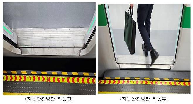 지하철 승강장 자동안전발판 작동 전과 후 [서울시 제공. 재판매 및 DB 금지]