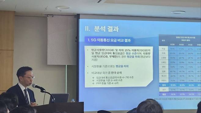 김용재 한국외대 경영학부 교수가 11일 '우리나라 통신요금 수준 바로알기:현황과 제언' 토론회에서 발표하고 있다. [사진=오수연 기자]