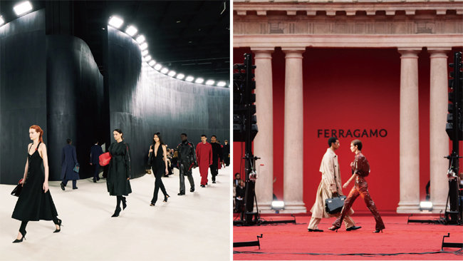 올해 이탈리아 밀라노에서 열린 가을겨울(F/W) 2023 패션쇼(왼쪽)와 봄여름(S/S) 2023 패션쇼. [페라가모]