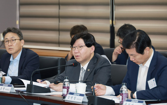 Financial Services Commission Vice Chairman Kim So-young, center, speaks in a meeting held at the government complex in central Seoul on Tuesday. [FSC]