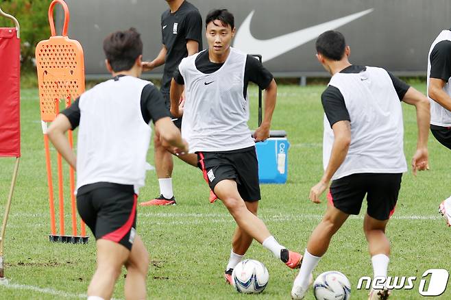 항저우 아시안게임 축구대표팀 백승호가 14일 오전 경기도 파주 축구국가대표트레이닝센터(NFC)에서 훈련을 하고 있다. 2023.9.14/뉴스1 ⓒ News1 민경석 기자