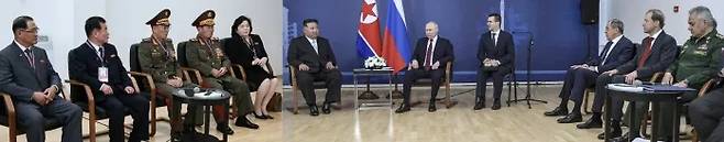 Foreign and defense ministers sit beside Kim Jong-un and Vladimir Putin: North Korean leader Kim Jong-un and Russian President Vladimir Putin take part in a summit at the Vostochny Cosmodrome in Amur, Russia on September 13 along with the North Korean delegation (left photo from the right: Foreign Minister Choe Son-hui; Pak Jong-chon, director of military affairs in the Workers’ Party of Korea; and Defense Minister Kang Sun-nam) and the Russian delegation (right photo from the right: Defense Minister Sergei Shoigu, Minister of Industry and Trade Denis Manturov, and Foreign Minister Sergey Lavrov). TASS-EPA-Yonhap News