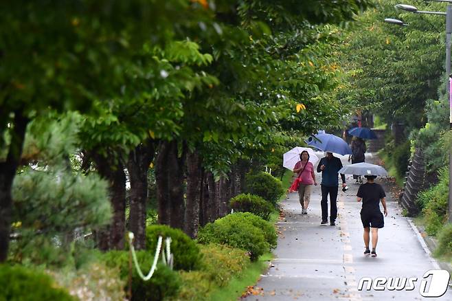 14일 경북 포항시 남구 철길숲에서 시민들이 우중산책을 즐기고 있다.2023.9.14/뉴스1 ⓒ News1 최창호 기자