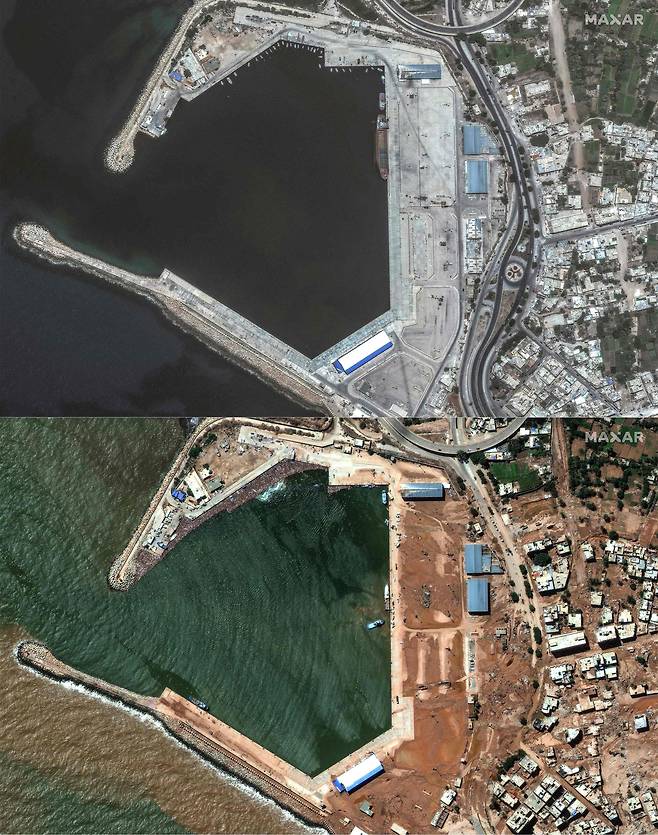 대홍수가 발생하기 전과 후의 리비아 데르나시 항만시설. 위는 지난 7월 1일, 아래는 9월 13일에 촬영됐다. /AFP 연합뉴스