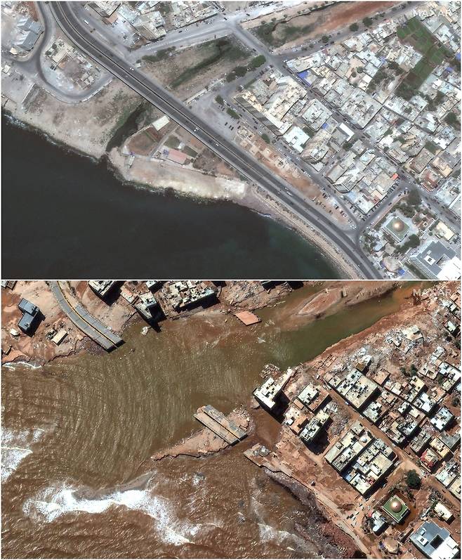 대홍수가 발생하기 전과 후의 리비아 데르나시 위성사진. 위는 지난 7월 1일, 아래는 9월 13일에 촬영됐다. 해안도로가 끊겨 없어진 걸 볼 수 있다. /로이터 연합뉴스