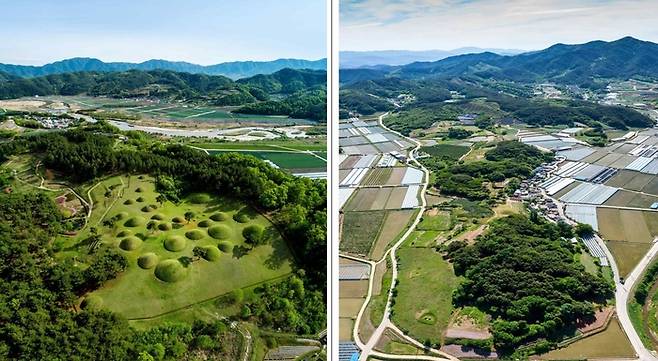 유네스코 세계유산에 등재된 ‘옥전 고분군’(경남 합천, 왼쪽)과 ‘유곡리와 두락리 고분군’(전북 남원). 문화재청 제공