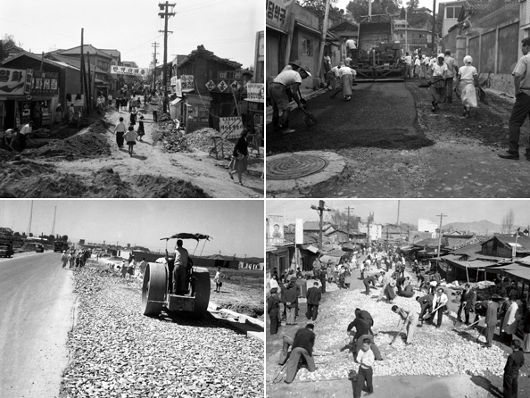 1960년대 초중반 서울 용산, 마포 등에서 시민들이 참여한 가운데 도로 포장공사가 진행되고 있다. 당시는 서울 도심에도 포장도로가 흔치 않았다. [서울역사아카이브]