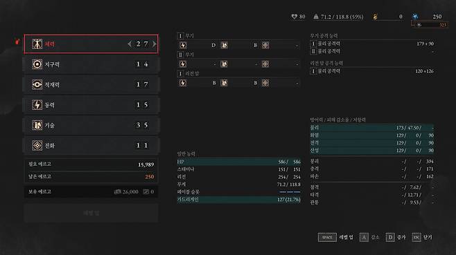 'P의 거짓' 캐릭터 강화 화면.