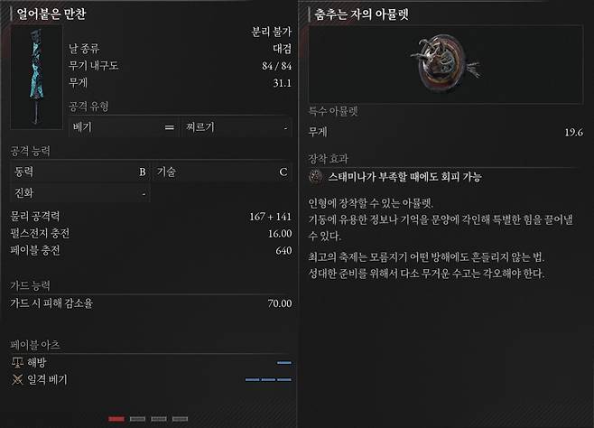 특별 에르고 결정석으로 교환 가능한 단일 무기 '얼어붙은 만찬'(오른쪽)과 특별 아뮬렛 '춤추는 자의 아뮬렛'(왼쪽).