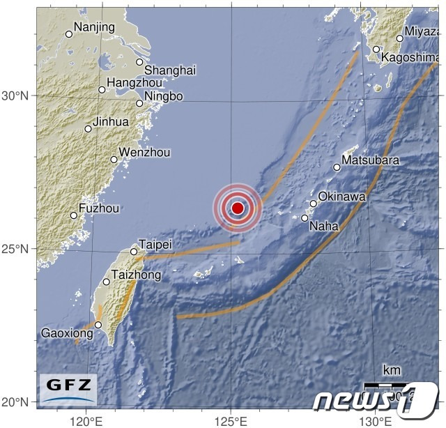 대만 동북부에서 규모 6.1 지진이 발생했다. (독일 지구과학연구센터, GFZ)