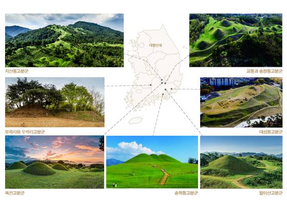 Locations of the seven Gaya Tumuli that made the Unecso World Heritage list [CULTURAL HERITAGE ADMINISTRATION]