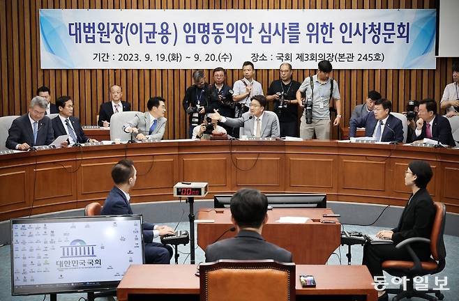 19일 대법원장 임명동의에 관한 인사청문특별위원회에서 권선동 위원장이 야당 의원들과  설전을 벌이고 있다