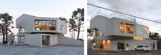 2016년 부산 기장군 장안읍에 들어선 카페 웨이브온(사진 왼쪽)은 세계건축상 등을 받으며 건축적 가치를 인정받았다. 이후 2019년 7월 울산 바닷가에 지어진 A 카페(사진 오른쪽)는 웨이브온과 바다 옆 입지는 물론 내·외관, 형태와 규모까지 닮아 논란이 됐다. 이뎀건축사사무소 제공