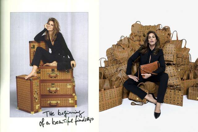 신디 크로퍼드가 1996년 독일 브랜드 MCM과 손잡고 공개한 화보 사진(왼쪽)과 최근 함께 촬영한 화보 사진. MCM은 과거와 현재를 연결한다는 의미를 담아 해당 모델을 다시 한번 기용했다. MCM 제공