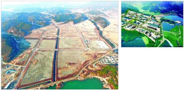 광양만권경제자유구역 하동지구에 속하는 대송산업단지(왼쪽)와 조감도. /광양만권경제자유구역청 하동사무소 제공