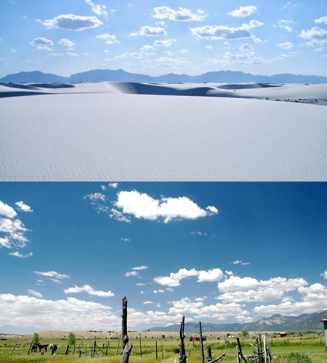 세계 최초로 원자폭탄 실험이 실시된 미국 화이트샌즈 국립공원(위 사진)과 뉴멕시코주 풍경. 박주용 교수 제공