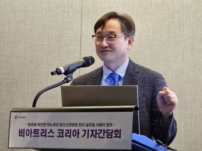 김종화 부천세종병원 내분비내과 과장이 21일 서울 강남 포포인츠 바이 쉐라톤 호텔에서 열린 '비아트리스 코리아 기자간담화'에서 발언하고 있다./사진=이창섭 기자