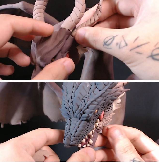 뿔에 음각 디테일을 표현해주고 비늘을 하나하나 붙여나간다.