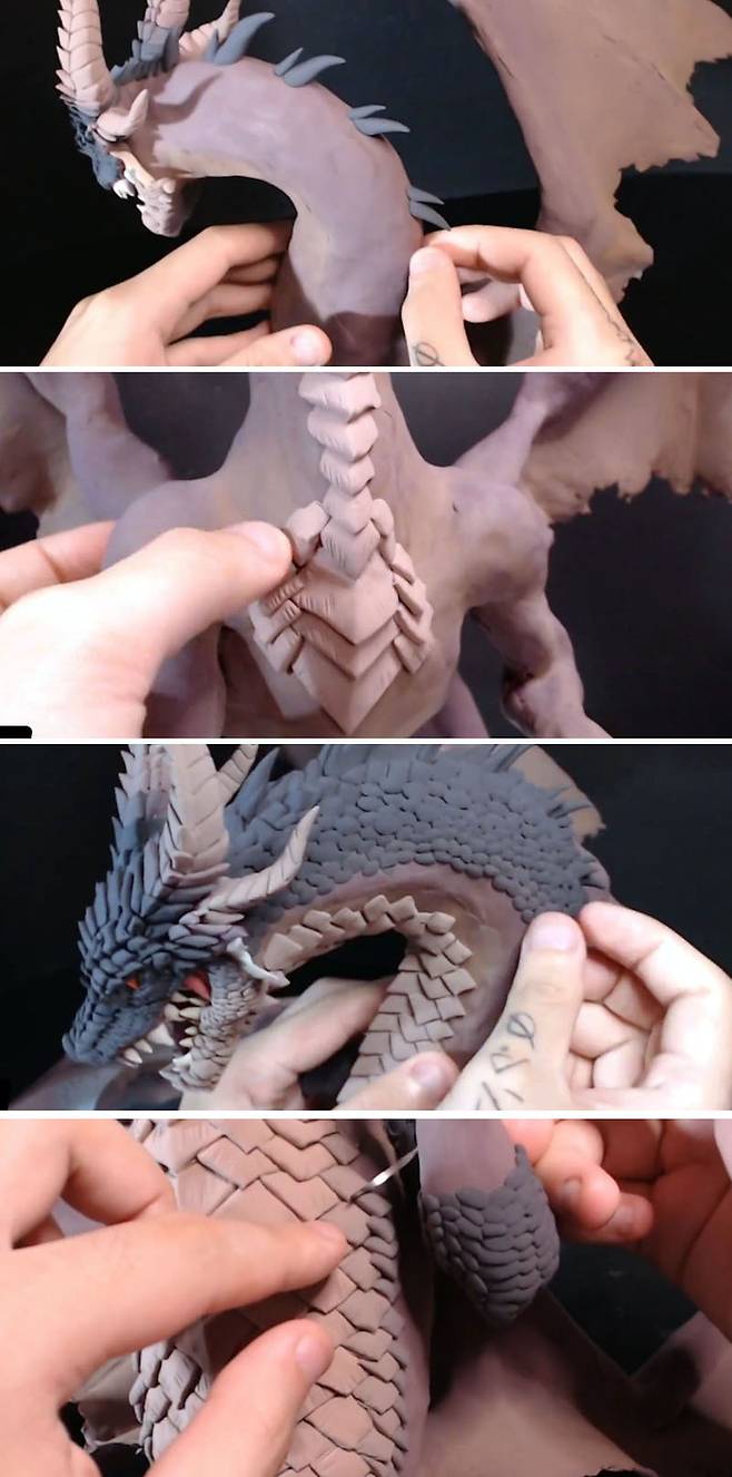 비늘 작업을 할때는 기준을 먼저 잡고 주변으로 퍼져나가듯 꼼꼼히 붙여준다.