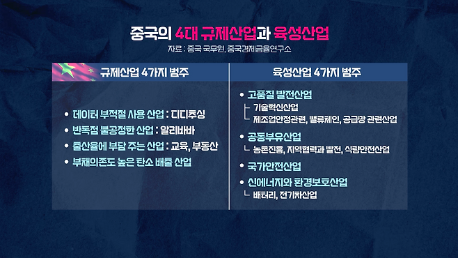 중국의 4대 규제산업과 육성산업 (자료: 중국 국무원, 중국경제금융연구소)