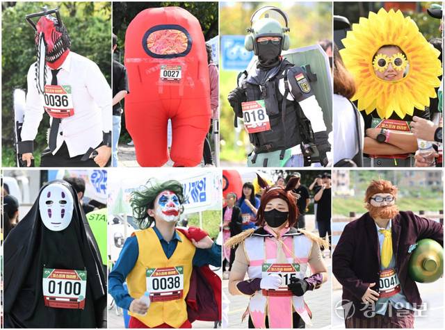 23일 오전 인천 서구 경인아라뱃길 시천문화광장에서 열린 '하트가 두근두근, 쫓고 쫓기는 남녀노소 코스프레 마라톤' 행사에서 다채로운 코스프레 복장의 참가 선수들이 반환점을 향해 달려가고 있다. 제3회 서구 청년주간을 기념해 열린 이날 마라톤 참가자들은 바람소리 언덕 주차장을 반환점으로 왕복 5km를 달렸다. 장용준기자